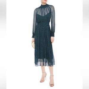 ZIMMERMANN MONCUR SHIRRED POLKA-DOT‎ CREPON MIDI DRESS IN TEAL SLIP DRESS Size 0